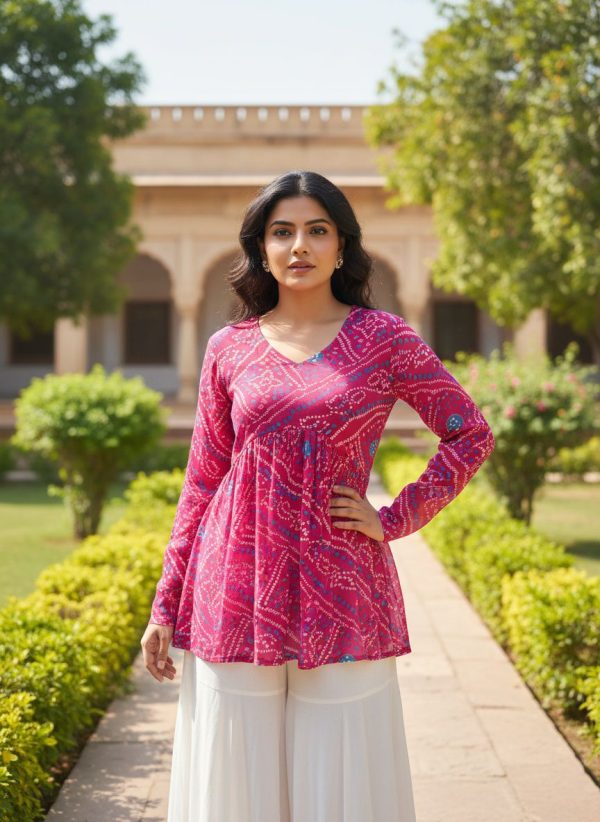 INLI Bandhej Pink Color Pure Georgette Kurti with Designer Work. Wedding, Party, Festive, Events Best Price ₹1349. Delivery 4-6 Working Days. Shop now. | Kurti, Bollywood Kurti, Creative Kurtis, Designer Kurti, Party Wear Kurti, Selfie Kurti