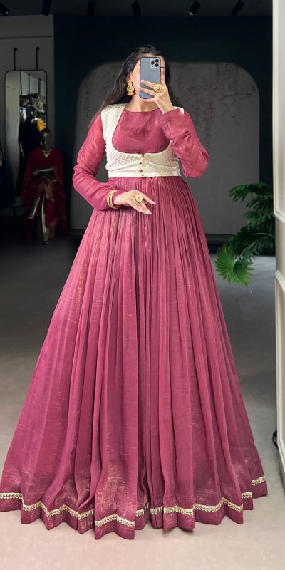 Pink Silver Glossy Sequins Embroidery Work Gown