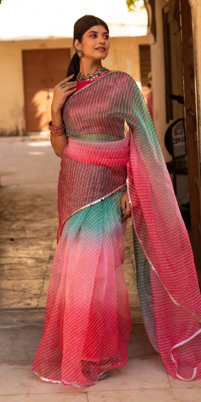 Pink Soft T.b. Organza Silk Sequins Work Saree
