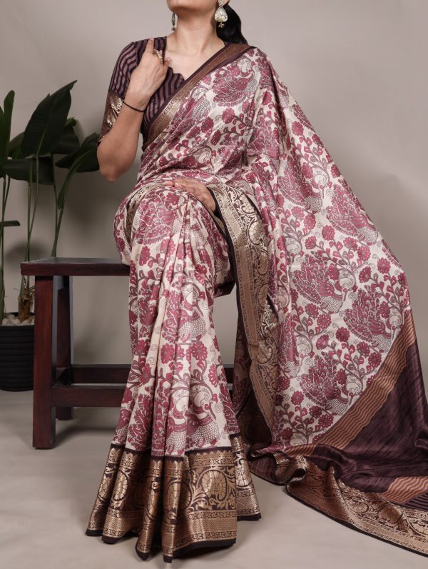 Pink Tasar Silk Lace Border Work Saree