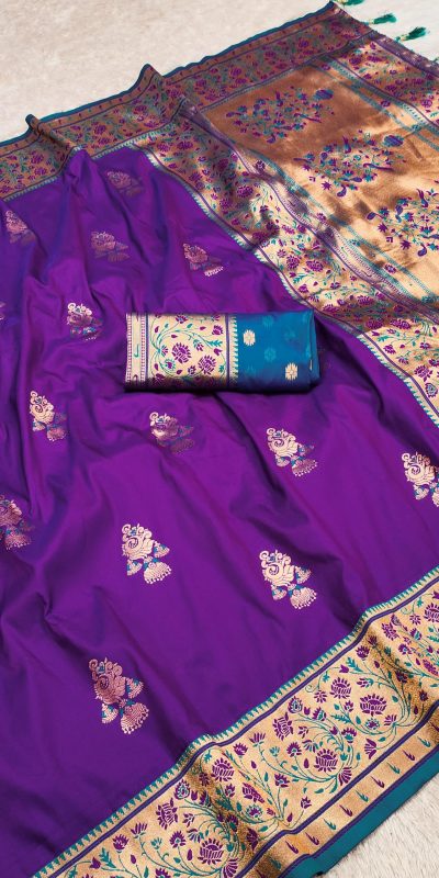 Purple Banarasi Silk Lace Work Zari Work Saree