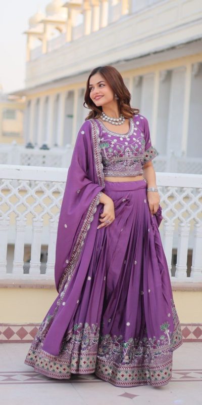 Purple Pure Chinon Embroidery Work Lehenga Choli