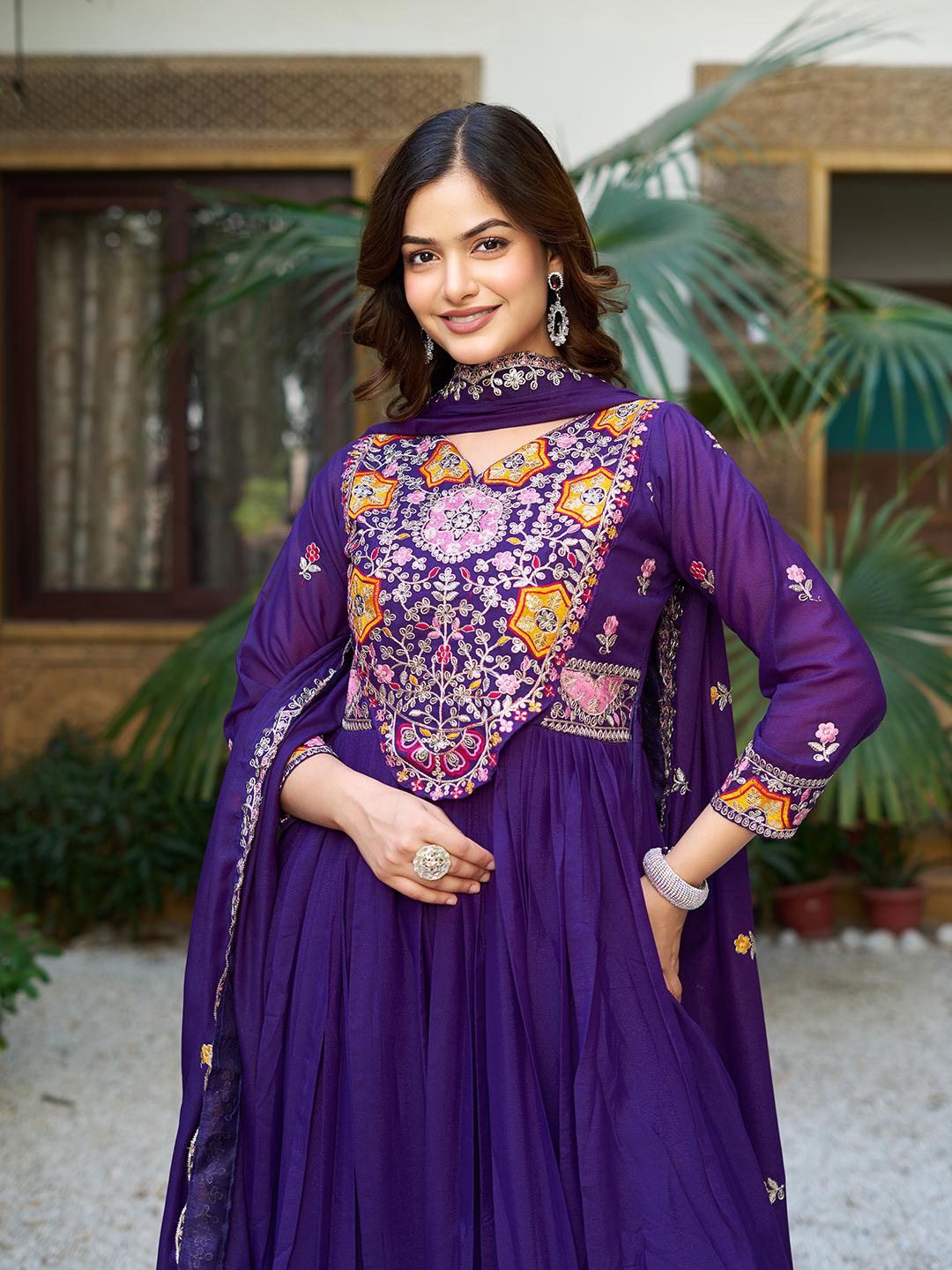 Ram 105 Purple Star Georgette Gown with Embroidery Work & Thread Embroidery. Get it for ₹2049. Delivery 4-6 Working Days. Shop now. | Jump Suits, Salwar suit, Designer Suits, Casual Suits, Creative suits, Palazzo Suits, Party Wear Suits, Patiala Suits, Straight Suits
