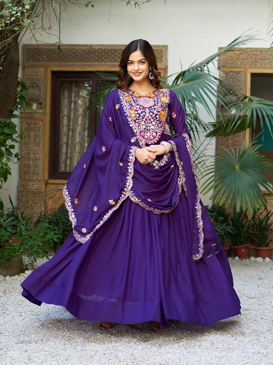 Ram 105 Purple Star Georgette Gown with Embroidery Work & Thread Embroidery. Get it for ₹2049. Delivery 4-6 Working Days. Shop now. | Jump Suits, Salwar suit, Designer Suits, Casual Suits, Creative suits, Palazzo Suits, Party Wear Suits, Patiala Suits, Straight Suits
