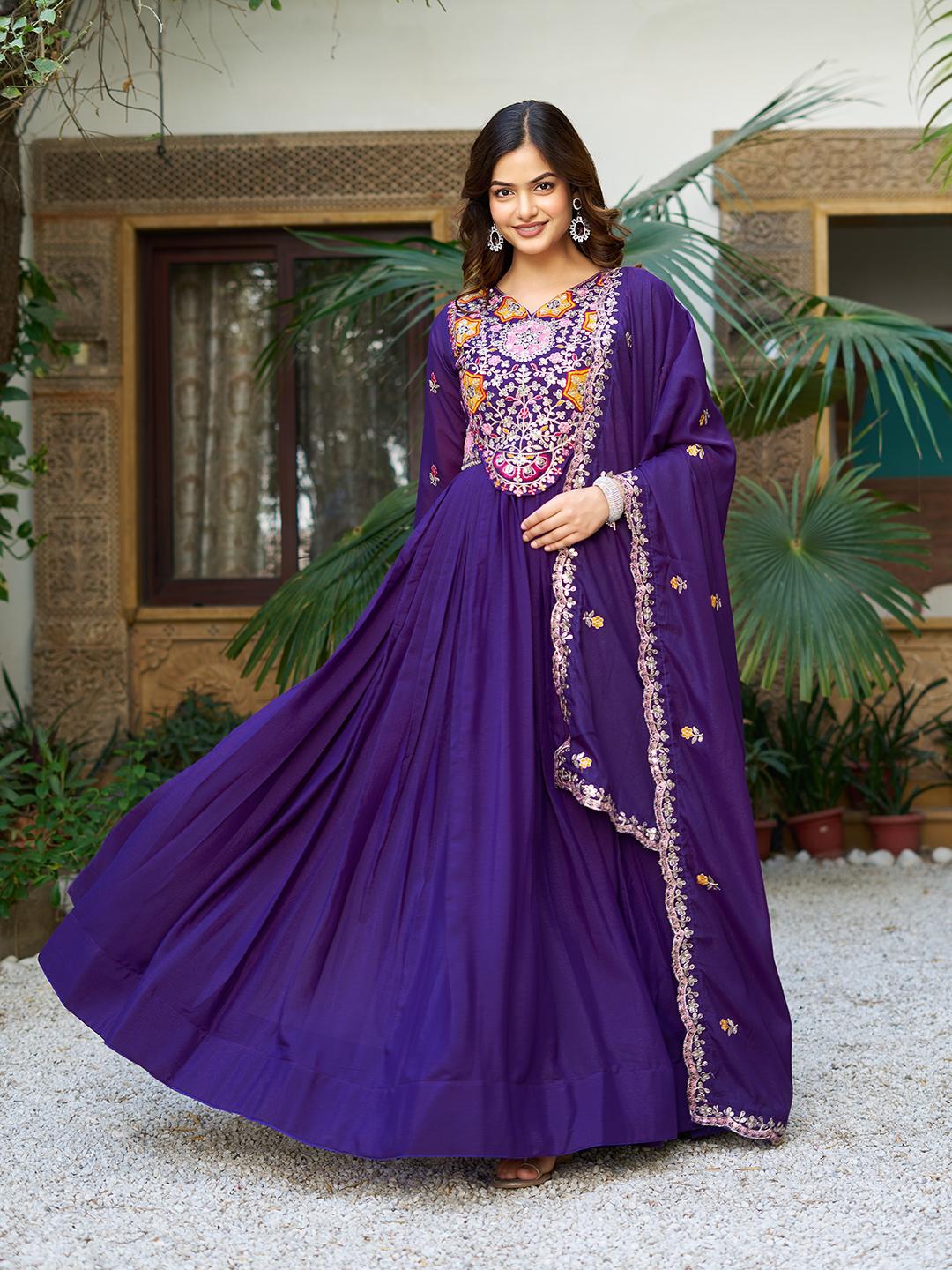 Ram 105 Purple Star Georgette Gown with Embroidery Work & Thread Embroidery. Get it for ₹2049. Delivery 4-6 Working Days. Shop now. | Jump Suits, Salwar suit, Designer Suits, Casual Suits, Creative suits, Palazzo Suits, Party Wear Suits, Patiala Suits, Straight Suits