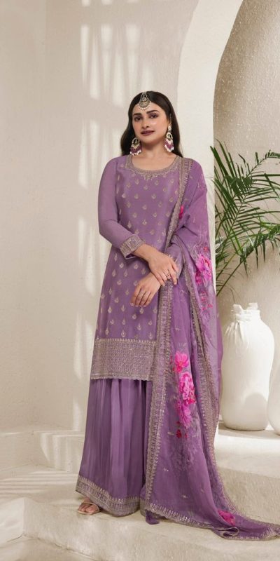 Purple Viscose Chinon Embroidery Work Salwar Suit