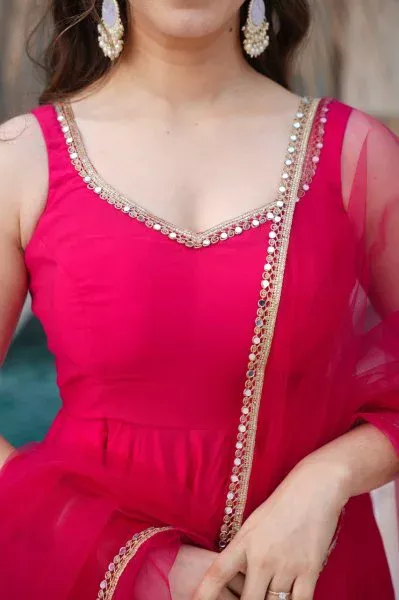 Rani Pink Roman Silk Chanderi Mirror Work Gown - Image 6