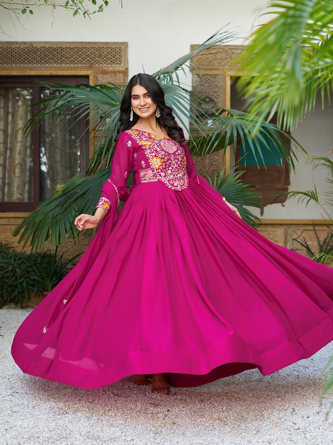 Ram 105 Rani Pink Star Georgette Gown with Embroidery Work & Thread Embroidery. Get it for ₹2049. Delivery 4-6 Working Days. Shop now. | Jump Suits, Salwar suit, Designer Suits, Casual Suits, Creative suits, Palazzo Suits, Party Wear Suits, Patiala Suits, Straight Suits