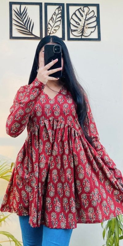 Red Cotton With Printed Kurti