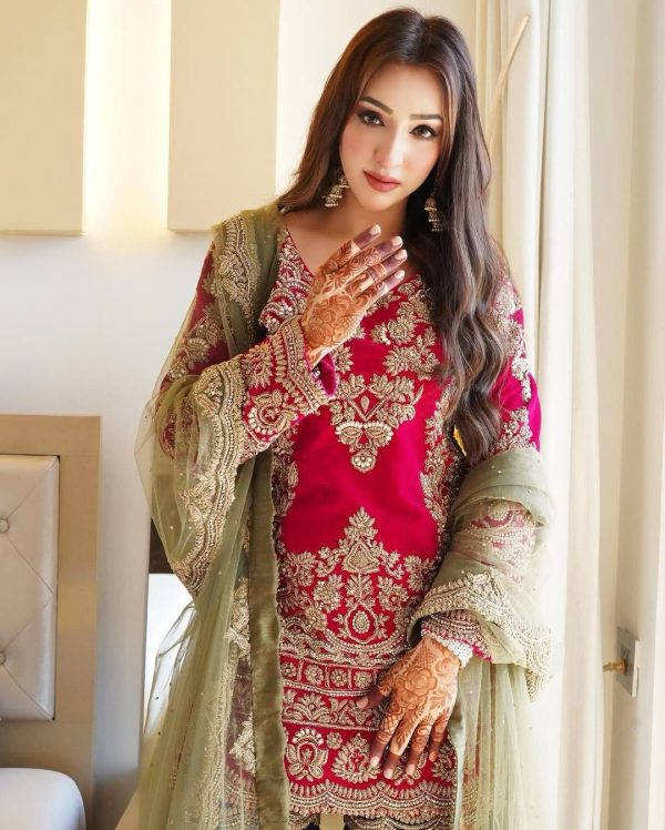 Red Faux Georgette Bead Embroidery Work Salwar Suit
