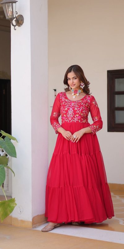 Red Fox Georgette With Embroidery Work Gown
