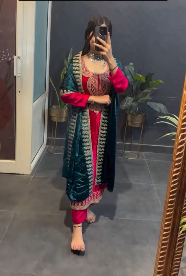 Red Viscose Velvet Lace Embroidery Work Salwar Suit