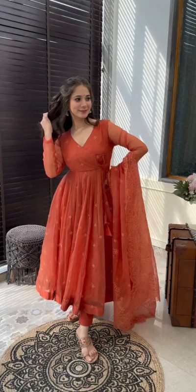 Rust Georgette Embroidery Work Salwar Suit