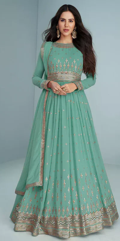 FC 9293 Sea Green Georgette Salwar Suit with Embroidery Work. Wedding, Party, Festive, Events, Now at just ₹2649. Delivery 4-6 Working Days. Shop now. | Jump Suits, Salwar suit, Designer Suits, Casual Suits, Creative suits, Palazzo Suits, Party Wear Suits, Patiala Suits, Straight Suits