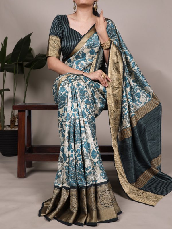 Sky Blue Tasar Silk Lace Border Work Saree