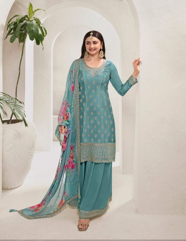 Sky Blue Viscose Chinon Embroidery Work Salwar Suit