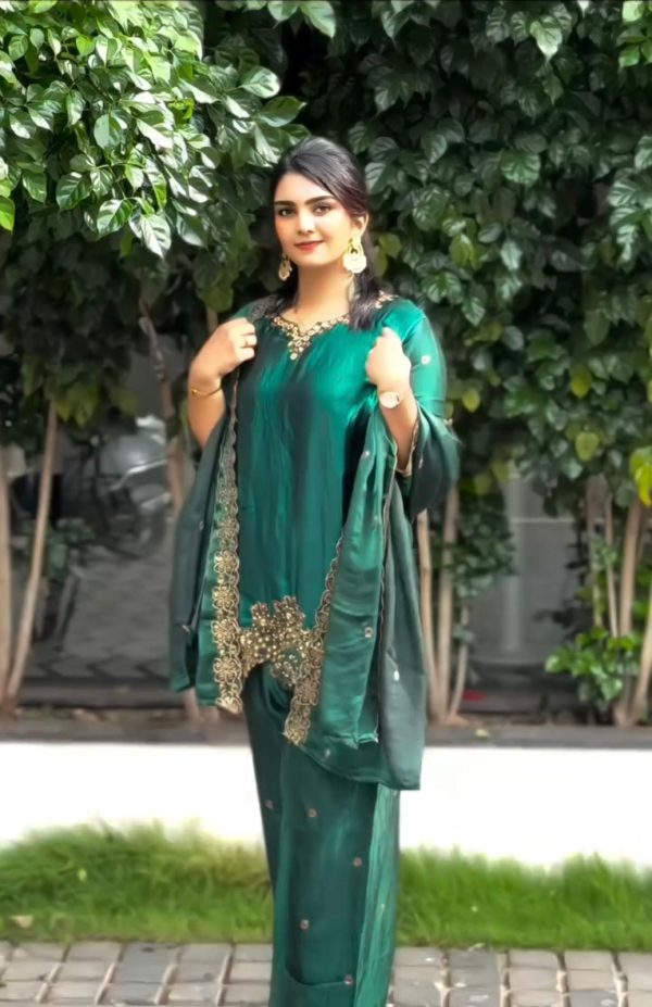 Teal Jimmy Choo Silk Lace Embroidery Work Slwar Suit