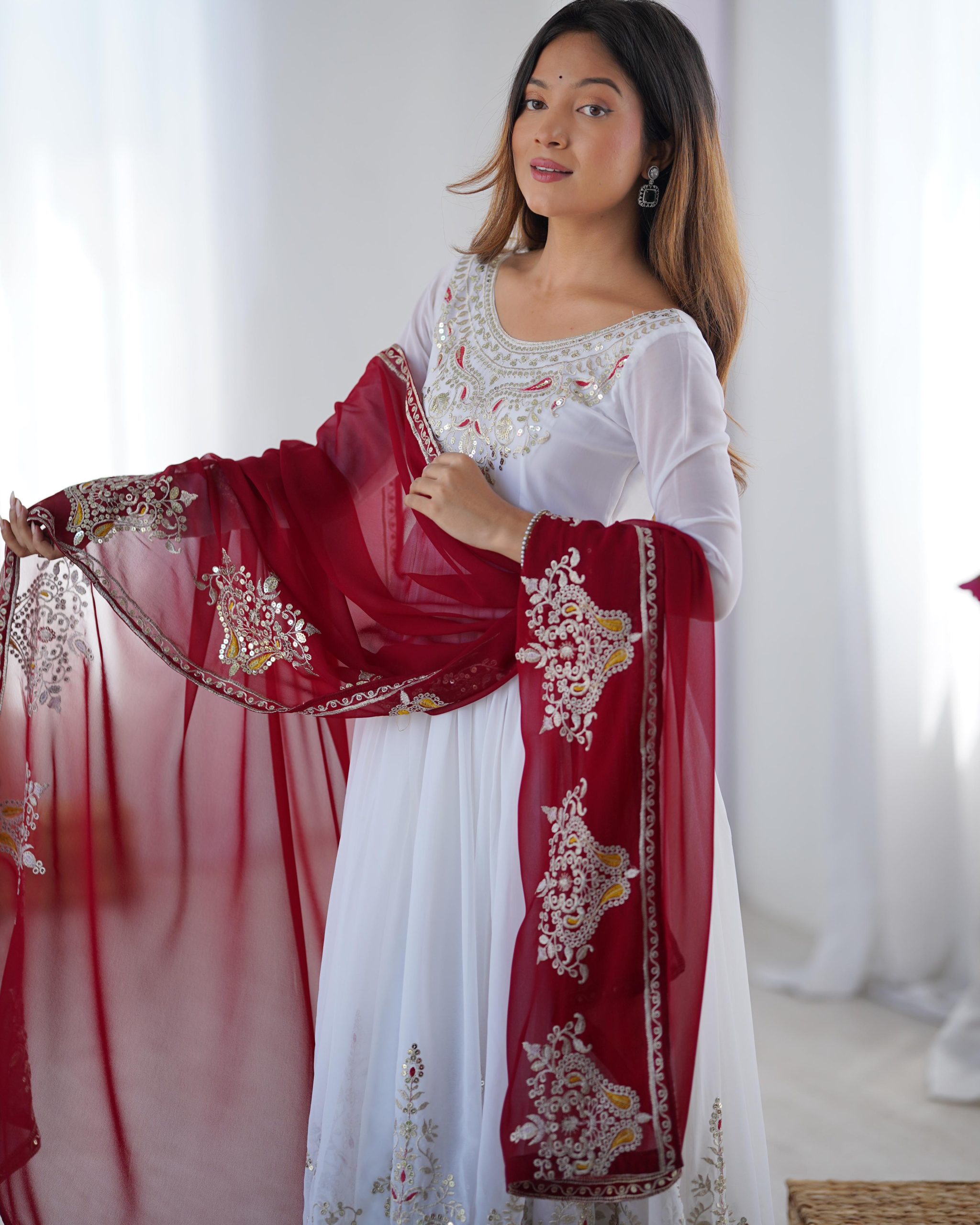 ZF 5008 White Georgette Gown with Embroidery Work. Wedding, Party, Festive, Events, Special Price ₹2049. Delivery 4-6 Working Days. Shop now. | Jump Suits, Salwar suit, Designer Suits, Casual Suits, Creative suits, Palazzo Suits, Party Wear Suits, Patiala Suits, Straight Suits