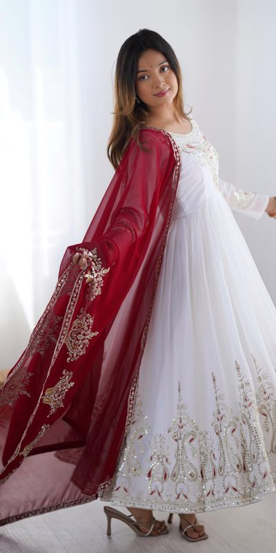 ZF 5008 White Georgette Gown with Embroidery Work. Wedding, Party, Festive, Events, Special Price ₹2049. Delivery 4-6 Working Days. Shop now. | Jump Suits, Salwar suit, Designer Suits, Casual Suits, Creative suits, Palazzo Suits, Party Wear Suits, Patiala Suits, Straight Suits