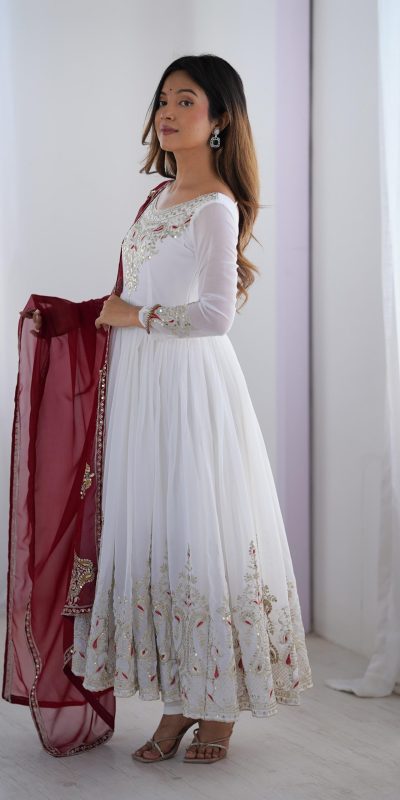 ZF 5008 White Georgette Gown with Embroidery Work. Wedding, Party, Festive, Events, Special Price ₹2049. Delivery 4-6 Working Days. Shop now. | Jump Suits, Salwar suit, Designer Suits, Casual Suits, Creative suits, Palazzo Suits, Party Wear Suits, Patiala Suits, Straight Suits