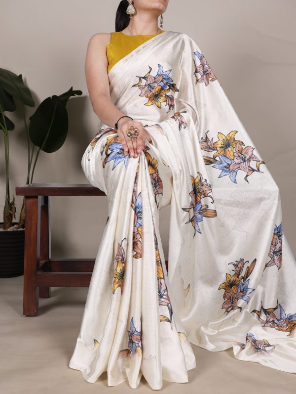 White Satin Silk With Floral Printed Saree
