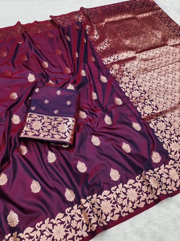 Wine Banarasi Silk Lace Zari Work Saree