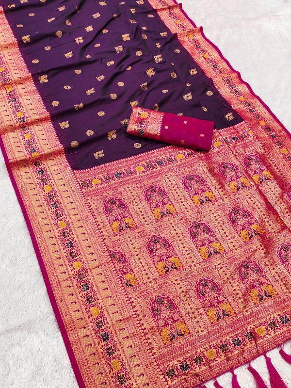 Wine Banarasi Silk Zari Work Saree