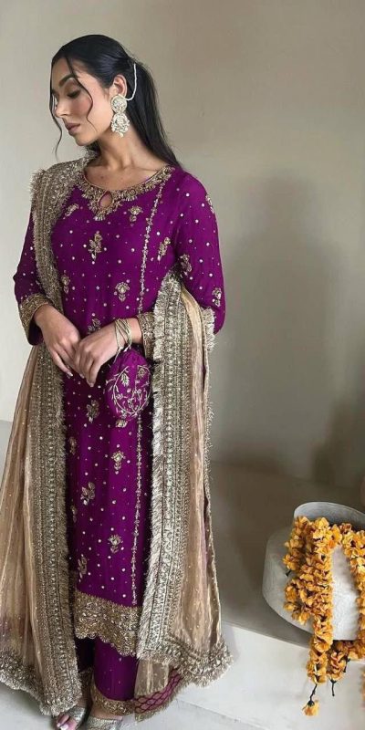 Wine Faux Georgette Sequence Moti Work Salwar Suit