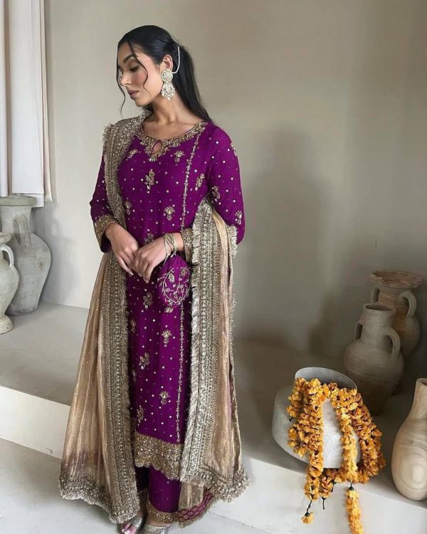 Wine Faux Georgette Sequence Moti Work Salwar Suit