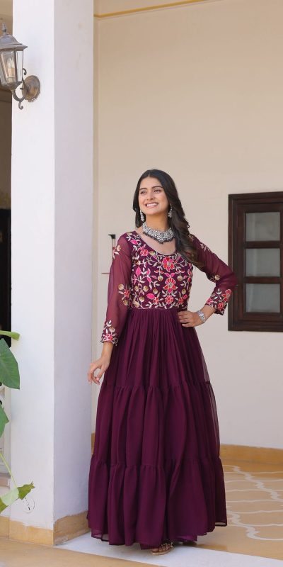 Ram 082 Wine Fox Georgette Gown Perfect for Wedding, Party, Sangeet, Durga Puja, Reception – . Grab it for ₹1849. Delivery 4-6 Working Days. Shop now. | Jump Suits, Salwar suit, Designer Suits, Casual Suits, Creative suits, Palazzo Suits, Party Wear Suits, Patiala Suits, Straight Suits