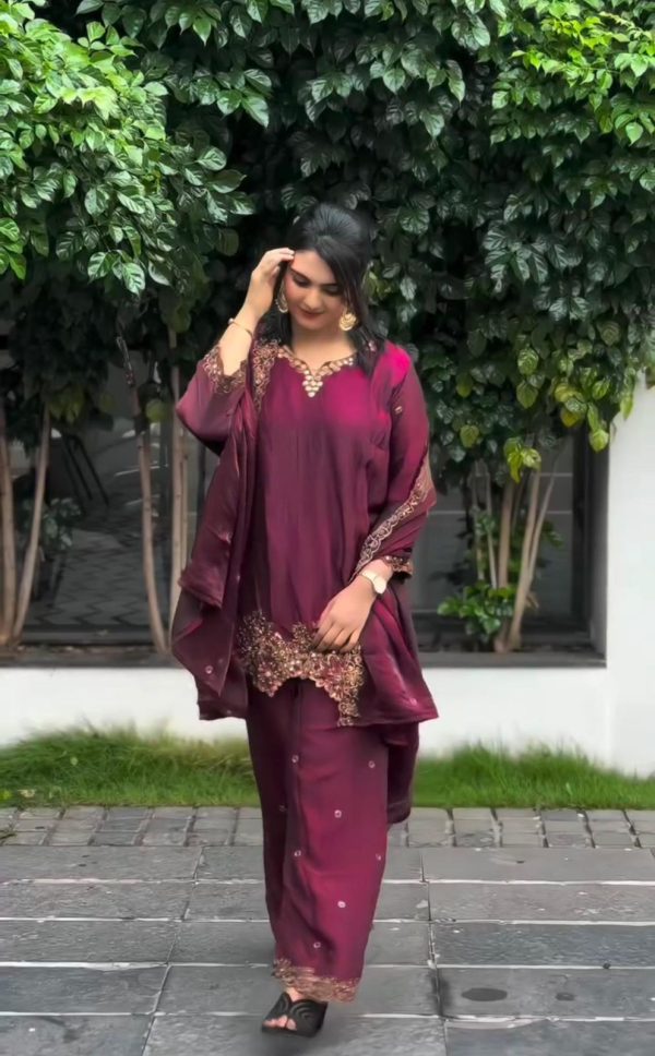 Wine Jimmy Choo Silk Lace Embroidery Work Slwar Suit