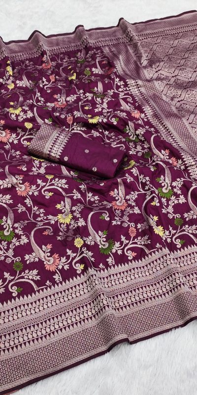 Wine Khaddi Pashmina Lace Zari Work Saree