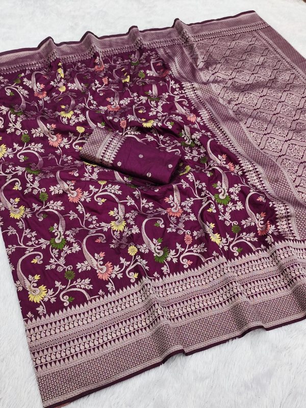 Wine Khaddi Pashmina Lace Zari Work Saree