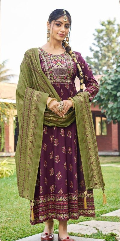 Wine Rayon Embroidery Work Gown