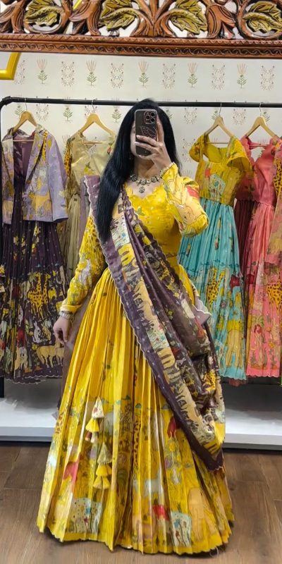 Yellow Cotton Kalamkari Print Lehenga Choli
