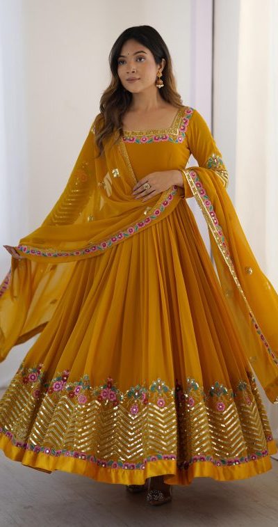 ZF 5010 Yellow Georgette Gown Perfect for Wedding, Party, Pooja, Ethnic Day, Karwa Chauth – . Best Price ₹2049. Delivery 4-6 Working Days. Shop now. | Jump Suits, Salwar suit, Designer Suits, Casual Suits, Creative suits, Palazzo Suits, Party Wear Suits, Patiala Suits, Straight Suits