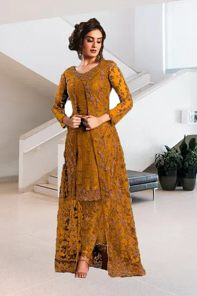 FC 4592 Yellow Net Salwar Suit with Stone Work. Wedding, Party, Festive, Events, Now at just ₹2449. Delivery 4-6 Working Days. Shop now. | Designer Suits, Jump Suits, Salwar suit, Casual Suits, Creative suits, Palazzo Suits, Party Wear Suits, Patiala Suits, Straight Suits