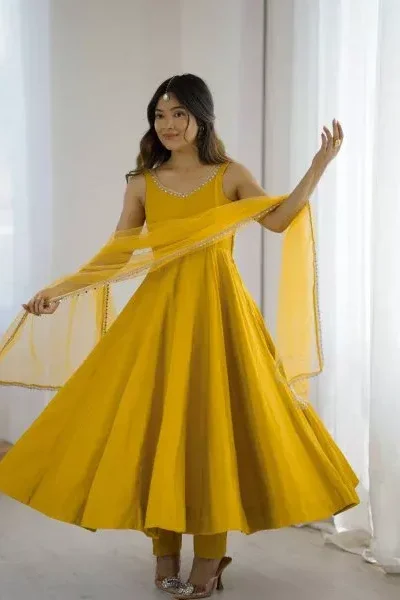 KB 285 Yellow in Roman Silk Chanderi Mirror Work & Lace Work Gown . Best Price ₹1929. Delivery 4-6 Working Days. Shop now. | Jump Suits, Salwar suit, Designer Suits, Casual Suits, Creative suits, Palazzo Suits, Party Wear Suits, Patiala Suits, Straight Suits
