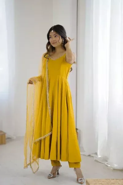 Yellow Roman Silk Chanderi Mirror Work Gown