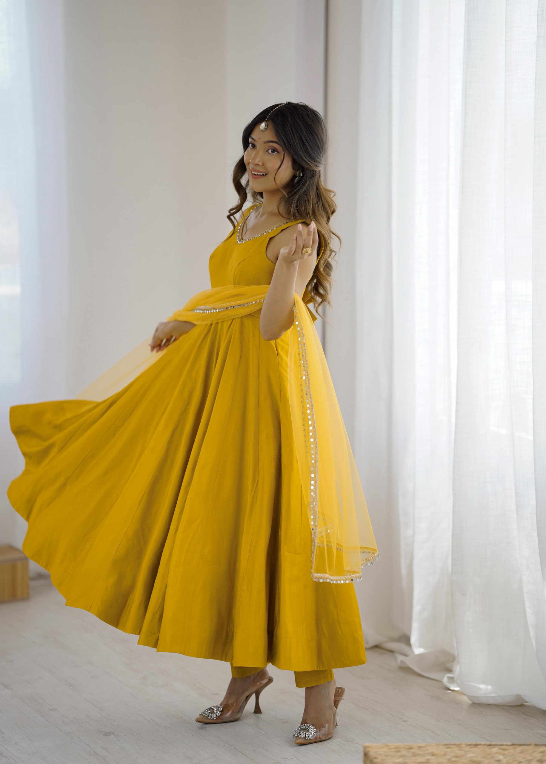 Yellow Roman Silk Chanderi Mirror Work Gown - Image 2