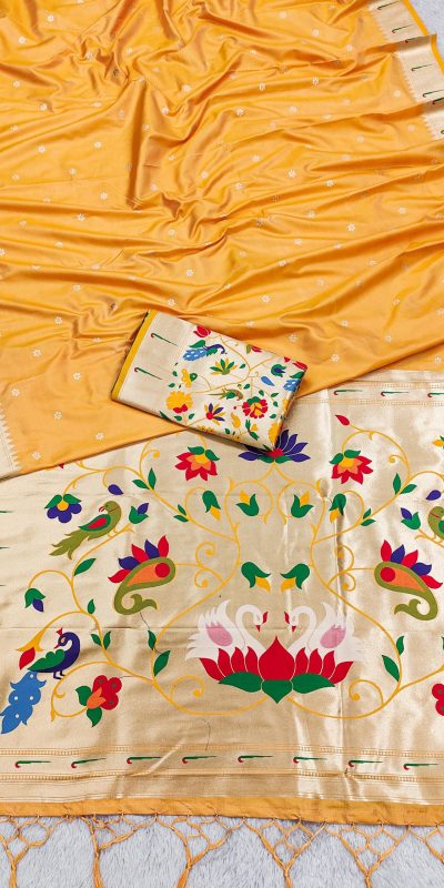 Yellow Silk Zari Lace Work Saree