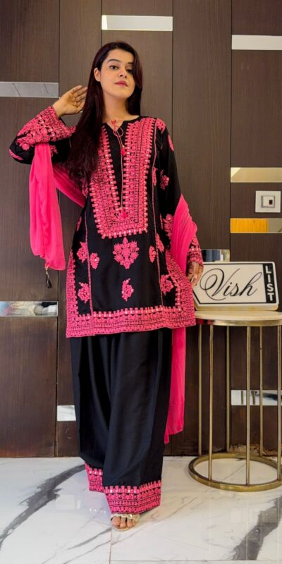 Black Natural Crep Silk Mirror Embroidery Work Salwar Suit