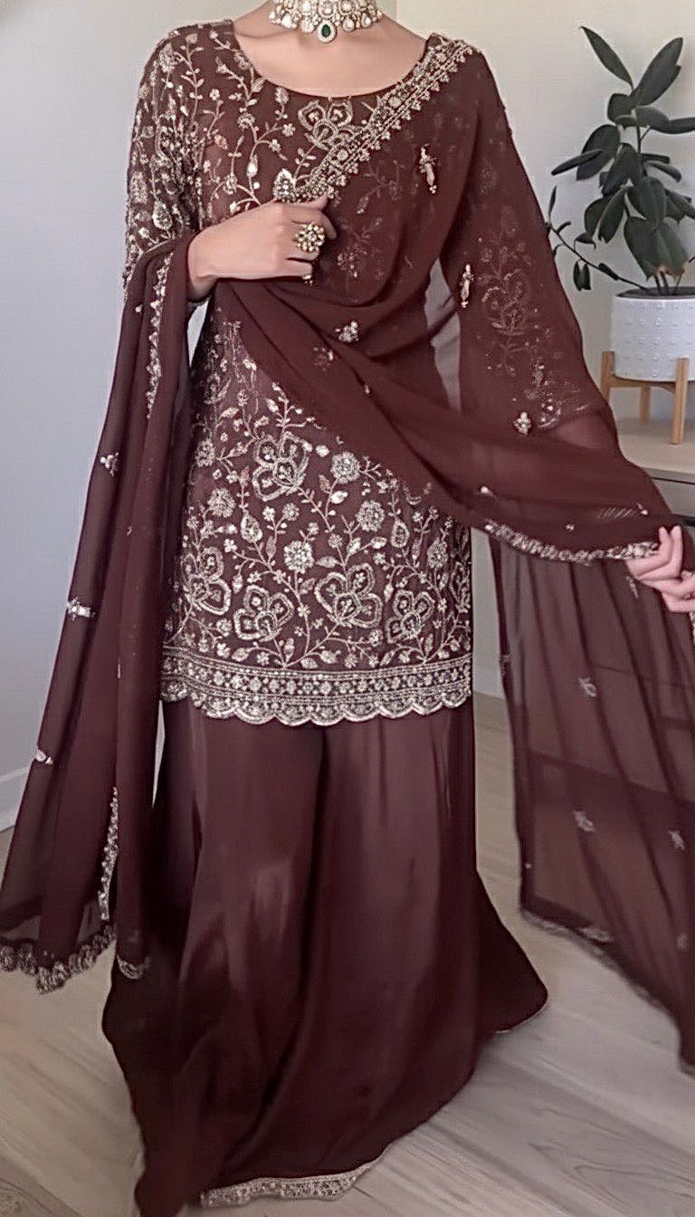 Brown Faux Georgette Sequence Work Salwar Suit - Image 5