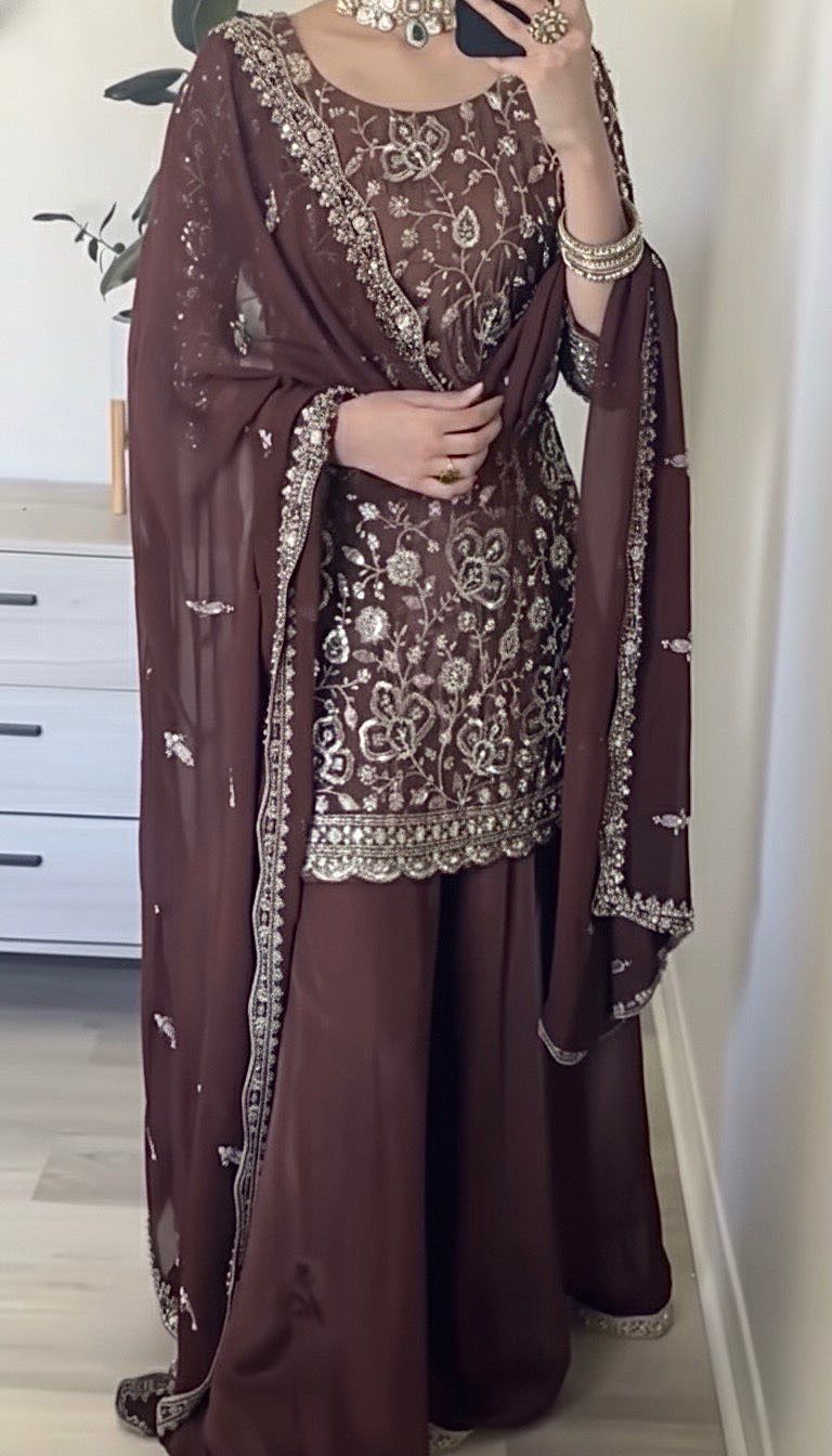 Brown Faux Georgette Sequence Work Salwar Suit