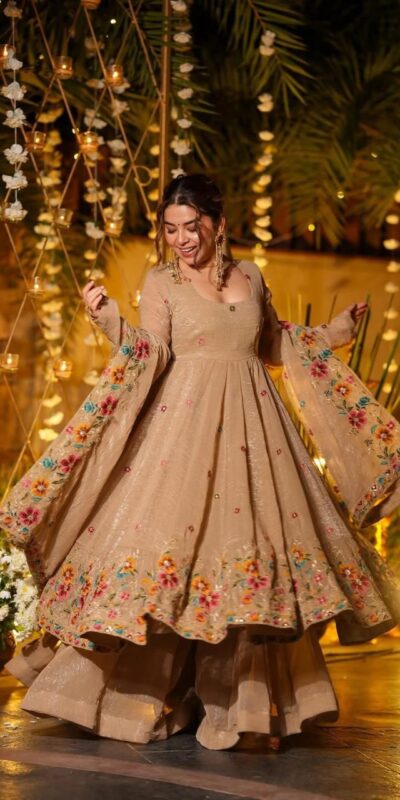 NSR 880 Cream Crunchy Silk Gown with Embroidery Work. Wedding, Party, Festive, Events Grab it for ₹2249. Delivery 4-6 Working Days. Shop now. | Gowns, Bollywood Gowns, Creative Gowns, Designer Gowns, Embroidered Gowns, Party Wear Gowns