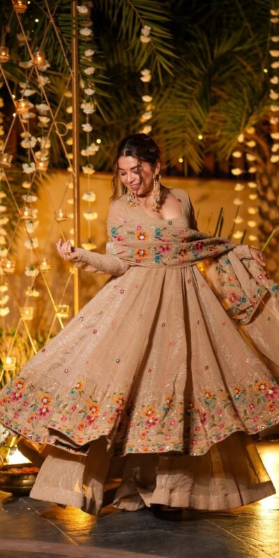 NSR 880 Cream Crunchy Silk Gown with Embroidery Work. Wedding, Party, Festive, Events Grab it for ₹2249. Delivery 4-6 Working Days. Shop now. | Gowns, Bollywood Gowns, Creative Gowns, Designer Gowns, Embroidered Gowns, Party Wear Gowns