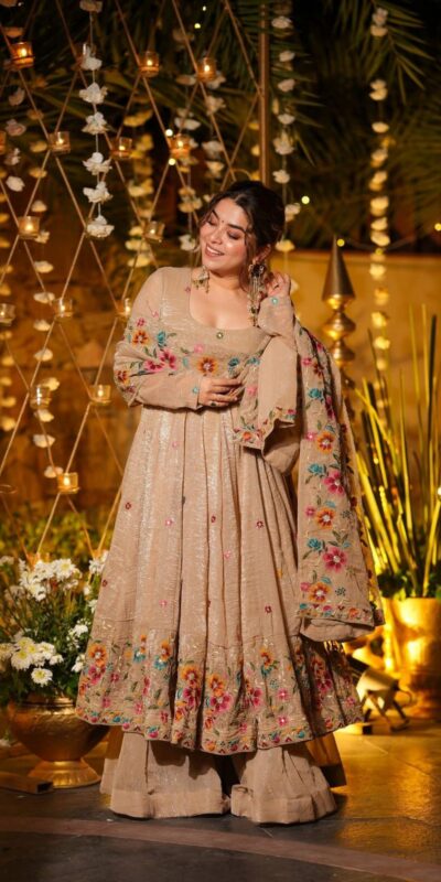 NSR 880 Cream Crunchy Silk Gown with Embroidery Work. Wedding, Party, Festive, Events Grab it for ₹2249. Delivery 4-6 Working Days. Shop now. | Gowns, Bollywood Gowns, Creative Gowns, Designer Gowns, Embroidered Gowns, Party Wear Gowns