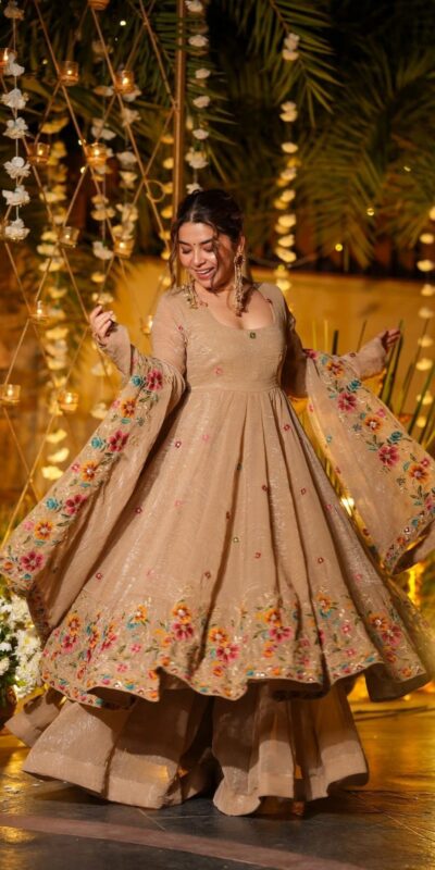 NSR 880 Cream Crunchy Silk Gown with Embroidery Work. Wedding, Party, Festive, Events Grab it for ₹2249. Delivery 4-6 Working Days. Shop now. | Gowns, Bollywood Gowns, Creative Gowns, Designer Gowns, Embroidered Gowns, Party Wear Gowns
