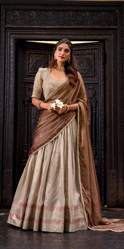 Cream Dupion Silk Lace Zari Work Lehenga Choli