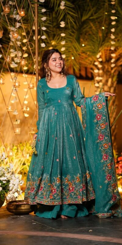 NSR 880 Firozi Crunchy Silk Gown with Embroidery Work. Wedding, Party, Festive, Events Grab it for ₹2249. Delivery 4-6 Working Days. Shop now. | Gowns, Bollywood Gowns, Creative Gowns, Designer Gowns, Embroidered Gowns, Party Wear Gowns